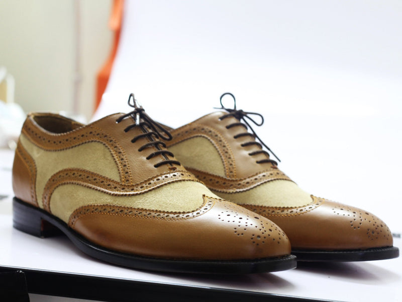 Men's Bespoke Tan Leather Beige Suede Shoes, Men Wing Tip Brogue Designer Shoes - theleathersouq