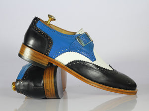 Bespoke Multi Color Leather Wing Tip Buckle Up Shoes, Men Monk Strap Dress Shoes - theleathersouq