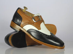Bespoke Multi Color Leather Wing Tip Buckle Up Shoes, Men Monk Strap Dress Shoes - theleathersouq