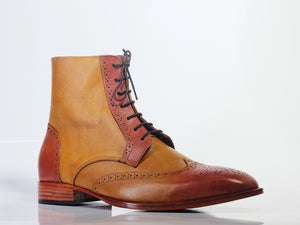 Men's Handmade Tan Brown Leather Wing Tip Brogue Boots, Men Designer Boots - theleathersouq