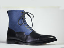 Load image into Gallery viewer, Handmade Black Leather &amp; Blue Suede ankle High Boots, Men Designer Boots - theleathersouq