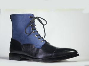 Handmade Black Leather & Blue Suede ankle High Boots, Men Designer Boots - theleathersouq