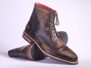 Handmade Brown Leather Round Toe Lace Up Boots, Men Designer Boots - theleathersouq