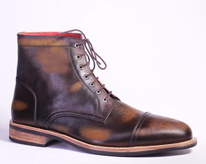 Handmade Brown Leather Round Toe Lace Up Boots, Men Designer Boots - theleathersouq