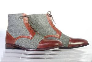 Handmade Leather Brown Gray Tweed Ankle High Lace Up Boots, Men Designer Boots - theleathersouq