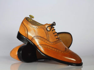 Handmade Men's Tan Leather Wing Tip Brogue Shoes, Men Designer Fashion Shoes - theleathersouq