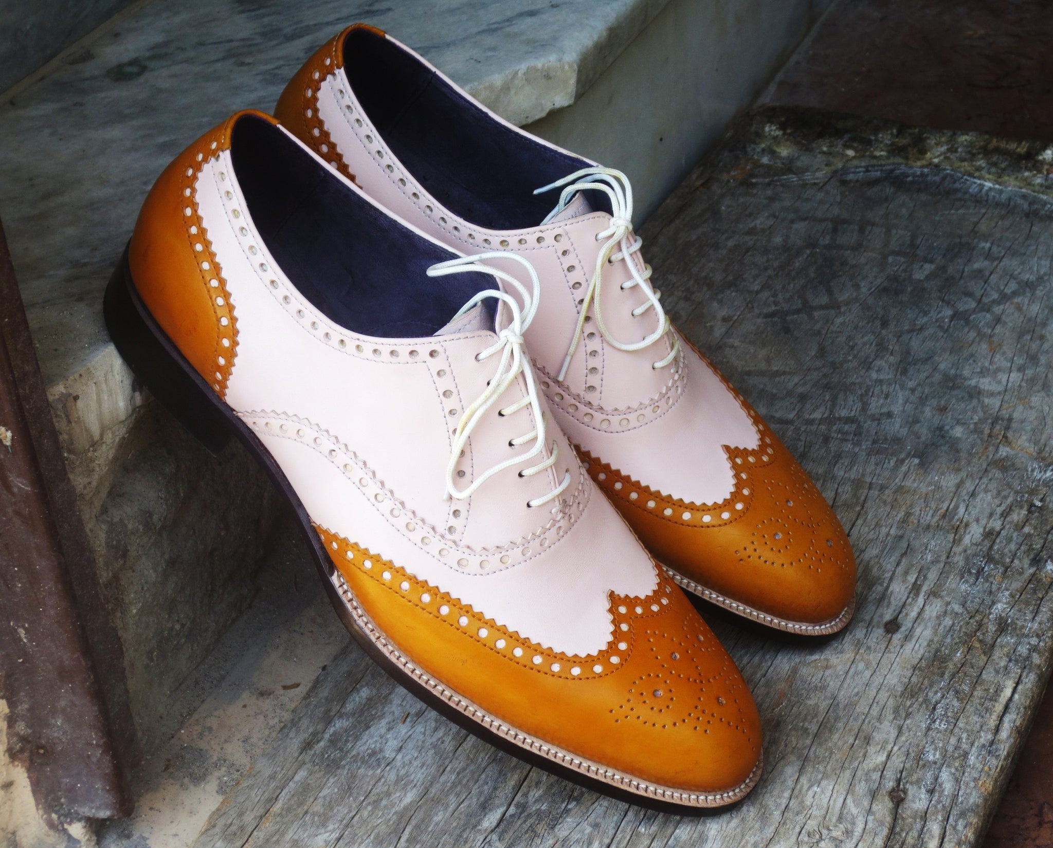 Handmade Men's White Tan Leather Wing Tip Brogue Shoes, Men