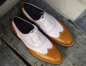 Handmade Men's White Tan Leather Wing Tip Brogue Shoes, Men Designer Shoes - theleathersouq