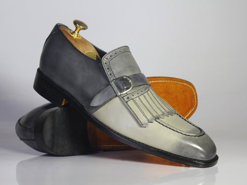 Bespoke Gray Fringes Monk Strap Shoes, Men's Handmade Leather Suede Dress Shoes - theleathersouq