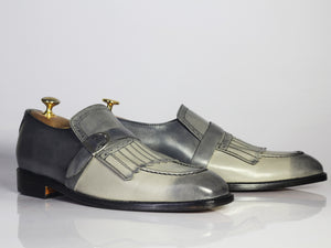 Bespoke Gray Fringes Monk Strap Shoes, Men's Handmade Leather Suede Dress Shoes - theleathersouq