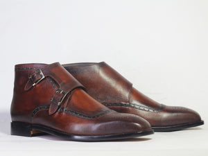 Handmade Leather Brown Double Monk strap Boots, Men Half Ankle Cap Toe Boots - theleathersouq
