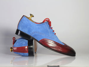 Handmade Men's Blue Suede Burgundy Leather Wing Tip Shoes, Men Designer Shoes - theleathersouq