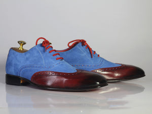 Handmade Men's Blue Suede Burgundy Leather Wing Tip Shoes, Men Designer Shoes - theleathersouq