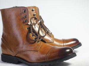 Handmade Brown Cap Toe Leather Lace Up Boots, Men Ankle High Designer Boots - theleathersouq