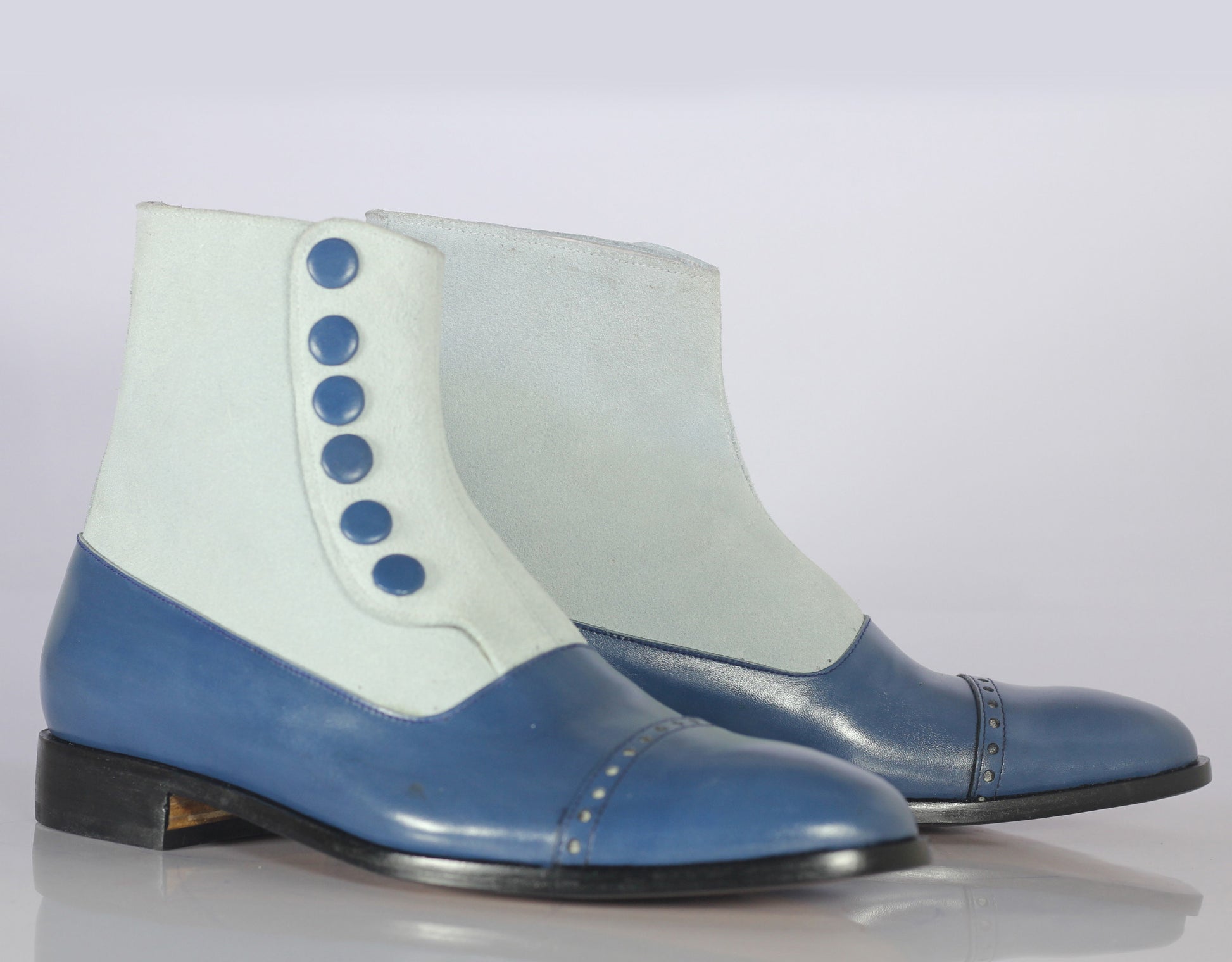 Handmade Ankle High White Blue Cap Toe Boots, Men Leather Suede Button Top Boots - theleathersouq
