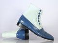 Handmade Ankle High White Blue Cap Toe Boots, Men Leather Suede Button Top Boots - theleathersouq