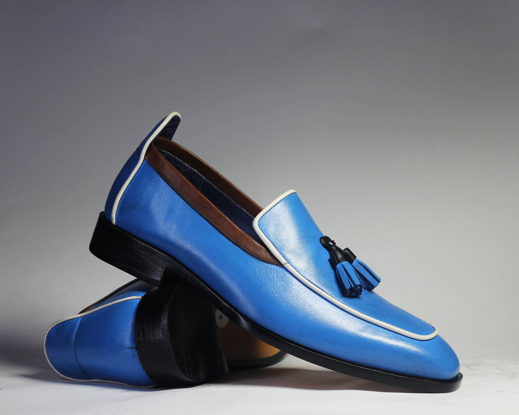 Handmade Men's Blue Leather Tassel Loafer Shoes, Men Designer Fashion Dress Shoe - theleathersouq