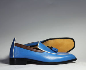 Handmade Men's Blue Leather Tassel Loafer Shoes, Men Designer Fashion Dress Shoe - theleathersouq