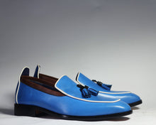 Load image into Gallery viewer, Handmade Men&#39;s Blue Leather Tassel Loafer Shoes, Men Designer Fashion Dress Shoe - theleathersouq