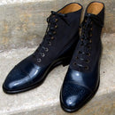 Handmade Navy Leather Black Suede Ankle Boots, Men Designer Wing Tip Brogue Boots - theleathersouq