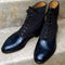 Handmade Navy Leather Black Suede Ankle Boots, Men Designer Wing Tip Brogue Boots - theleathersouq