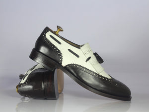 Handmade White Black Wing Tip Brogue Leather Shoes, Men Fringes Tassels Shoes - theleathersouq