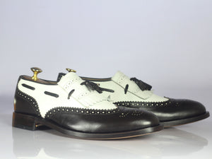 Handmade White Black Wing Tip Brogue Leather Shoes, Men Fringes Tassels Shoes - theleathersouq