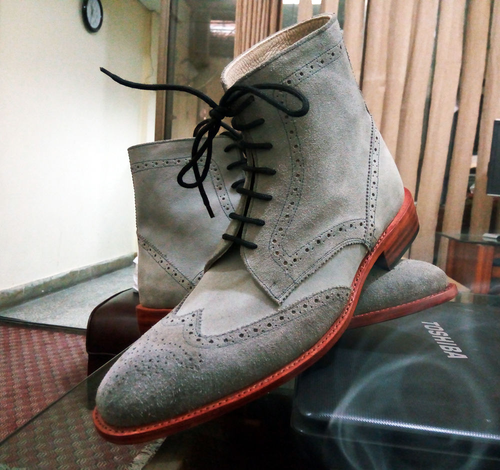 Handmade Custom Men Gray Brogue Suede Boots, Men Ankle High Designer Formal Boots - theleathersouq