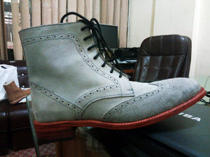 Handmade Custom Men Gray Brogue Suede Boots, Men Ankle High Designer Formal Boots - theleathersouq