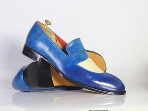 Handmade Men's White Blue Split Toe Leather Loafer Shoes, Men Designer Dress Shoes - theleathersouq