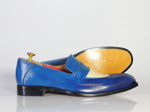 Handmade Men's White Blue Split Toe Leather Loafer Shoes, Men Designer Dress Shoes - theleathersouq