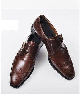 Handmade Men's Brown Leather Monk Strap Dress Shoes, Men Wing Tip Brogue Shoes - theleathersouq