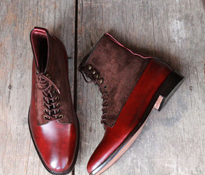 Handmade Men Burgundy Leather Brown Suede Ankle Boots, Men Designer Dress Formal Boots - theleathersouq