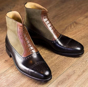Handmade Men's Black Brown Cap Toe Brogue Boots, Men Leather Suede Designer Boots - theleathersouq
