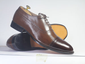 Handmade Men Brown Leather Cap Toe Brogue Shoes, Men Dress Formal Designer Shoes - theleathersouq