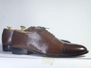 Handmade Men Brown Leather Cap Toe Brogue Shoes, Men Dress Formal Designer Shoes - theleathersouq