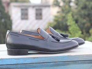 Handmade Men's Black Tussle Leather Loafer Shoes, Men Dress Formal Designer Shoes - theleathersouq