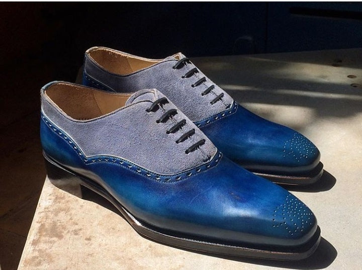 Handmade Men's Blue Leather Gray Suede Dress Shoes, Men Wing Tip Brogue Shoes - theleathersouq