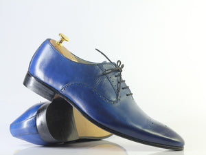 Handmade Men Blue Leather Wing Tip Brogue Shoes, Men Dress Formal Designer Shoes - theleathersouq