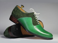 Load image into Gallery viewer, Handmade Men Green Leather &amp; Suede Lace Up Shoes, Men Dress Formal Designer Shoes - theleathersouq