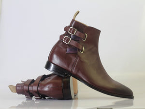 Handmade Men Ankle High Burgundy Leather Double Buckle Boots, Men Designer Boots - theleathersouq