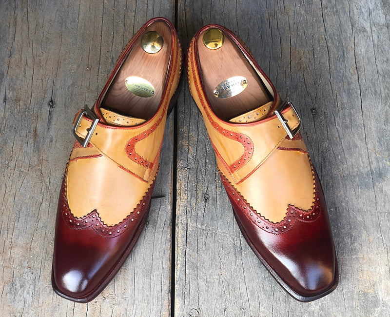 Handmade Men's Tan Burgundy Wing Tip Leather Shoes, Men Monk Strap Designer Shoes - theleathersouq