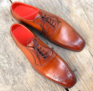 Handmade Men's Tan Leather Wing Tip Brogue Shoes, Men Formal Designer Shoes - theleathersouq