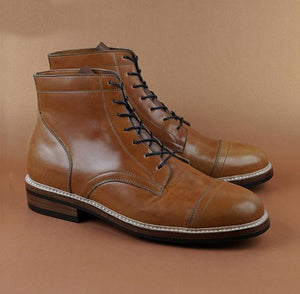Handmade Men's Brown Cap Toe Dress Ankle High Boots, Men Leather Designer Boots - theleathersouq