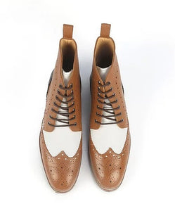 Handmade Men Brown White Wing Tip Ankle Boots, Men Pebbled Leather Designer Boots - theleathersouq