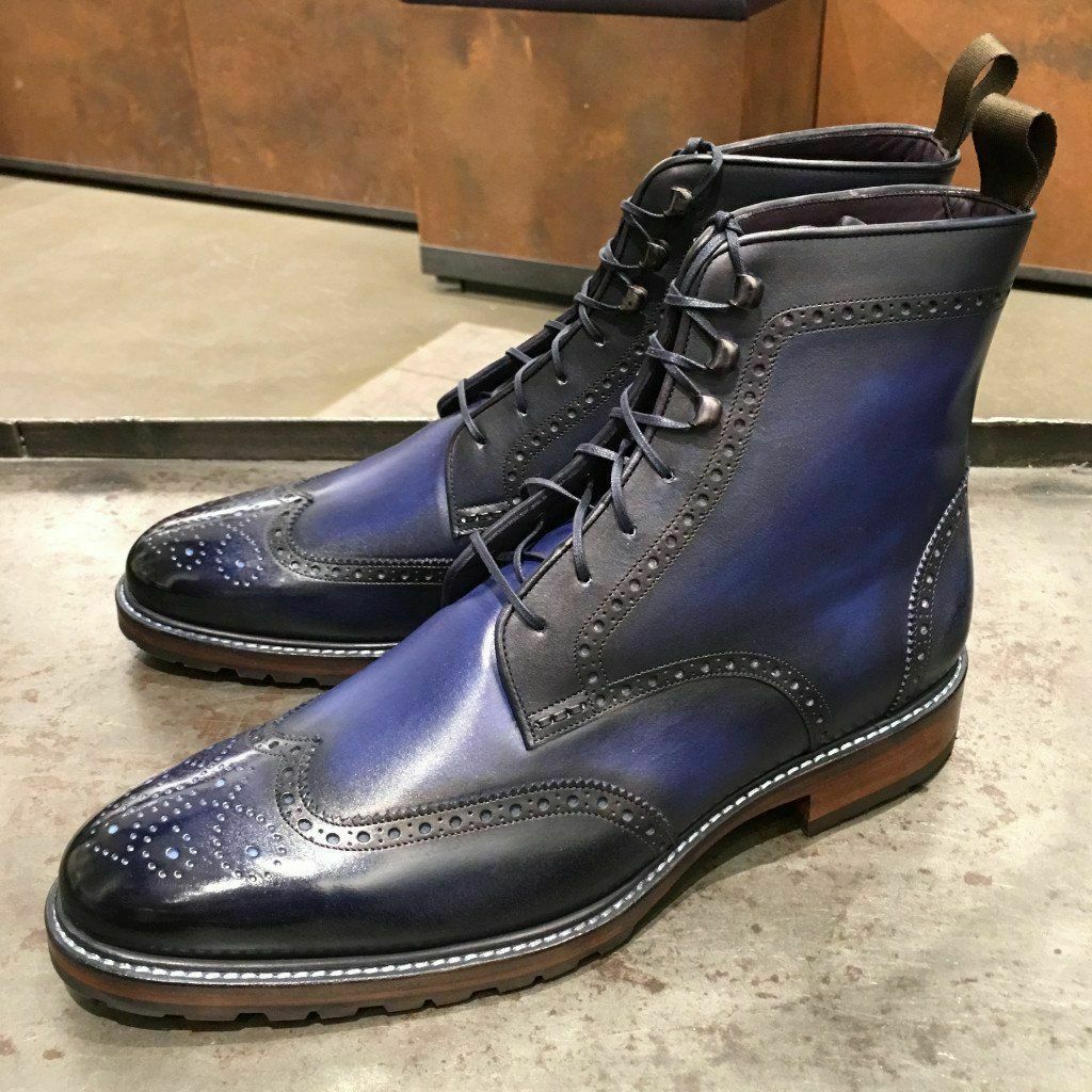 Handmade Men Blue Wing Tip Brogue Ankle Boots, Men Leather Designer Fashion Boots - theleathersouq