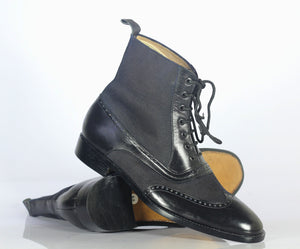 Handmade Men Black Wing Tip Ankle Boots, Men Leather Denim Designer Fashion Boots - theleathersouq