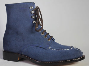 Handmade Men Blue Split Toe Suede Ankle Boots, Men Lace Up Designer Fashion Boots - theleathersouq