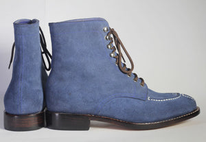Handmade Men Blue Split Toe Suede Ankle Boots, Men Lace Up Designer Fashion Boots - theleathersouq