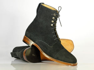 Handmade Men Black Cap Toe Suede Ankle Boots, Men Lace Up Designer Fashion Boots - theleathersouq